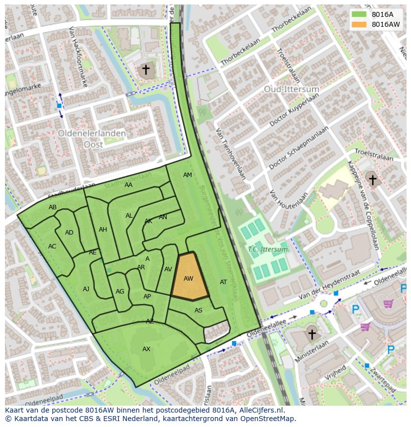 Afbeelding van het postcodegebied 8016 AW op de kaart.
