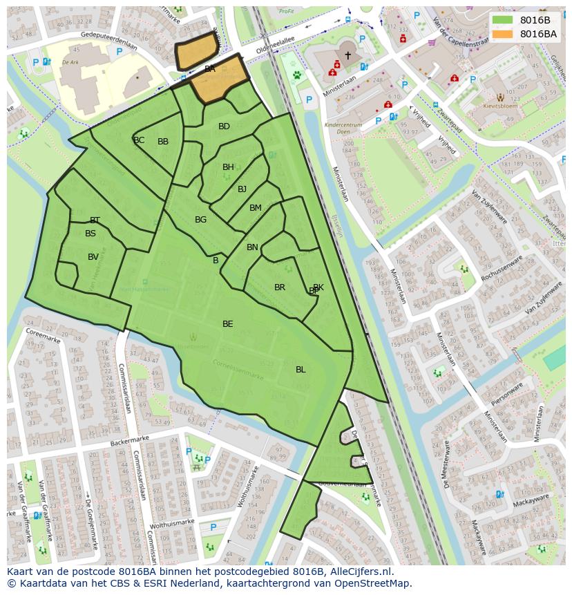 Afbeelding van het postcodegebied 8016 BA op de kaart.