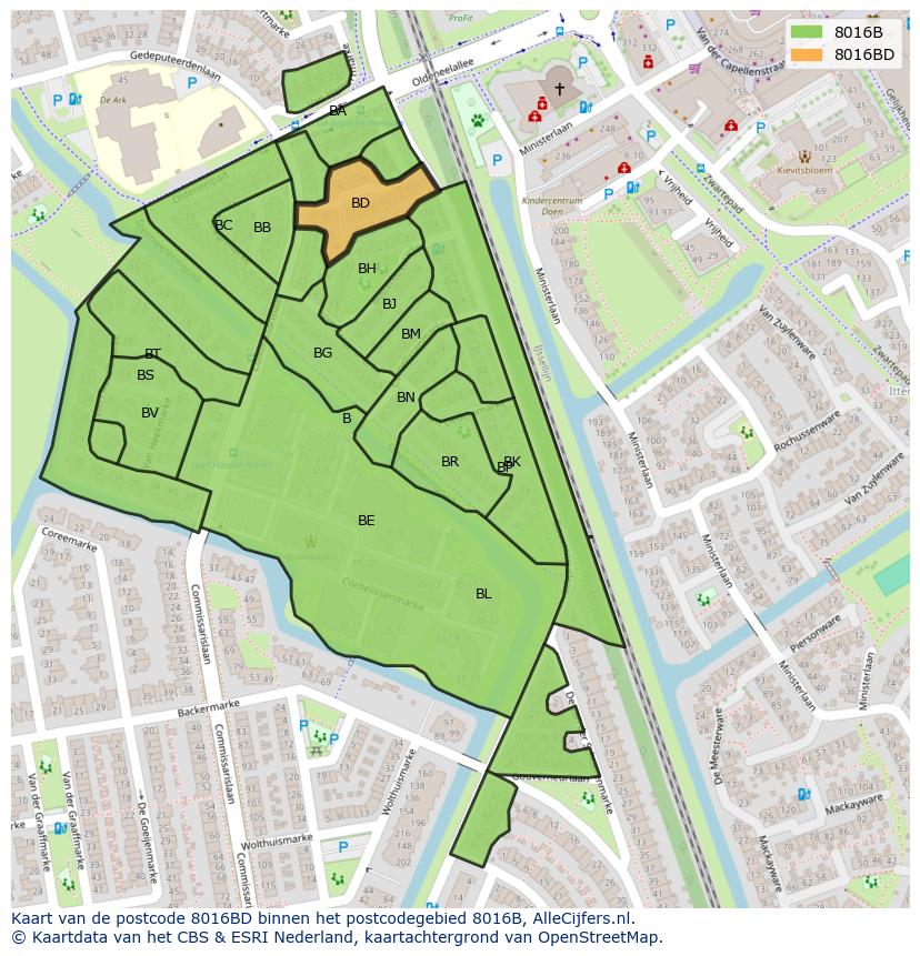 Afbeelding van het postcodegebied 8016 BD op de kaart.