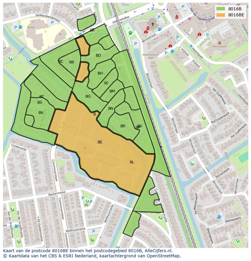 Afbeelding van het postcodegebied 8016 BE op de kaart.