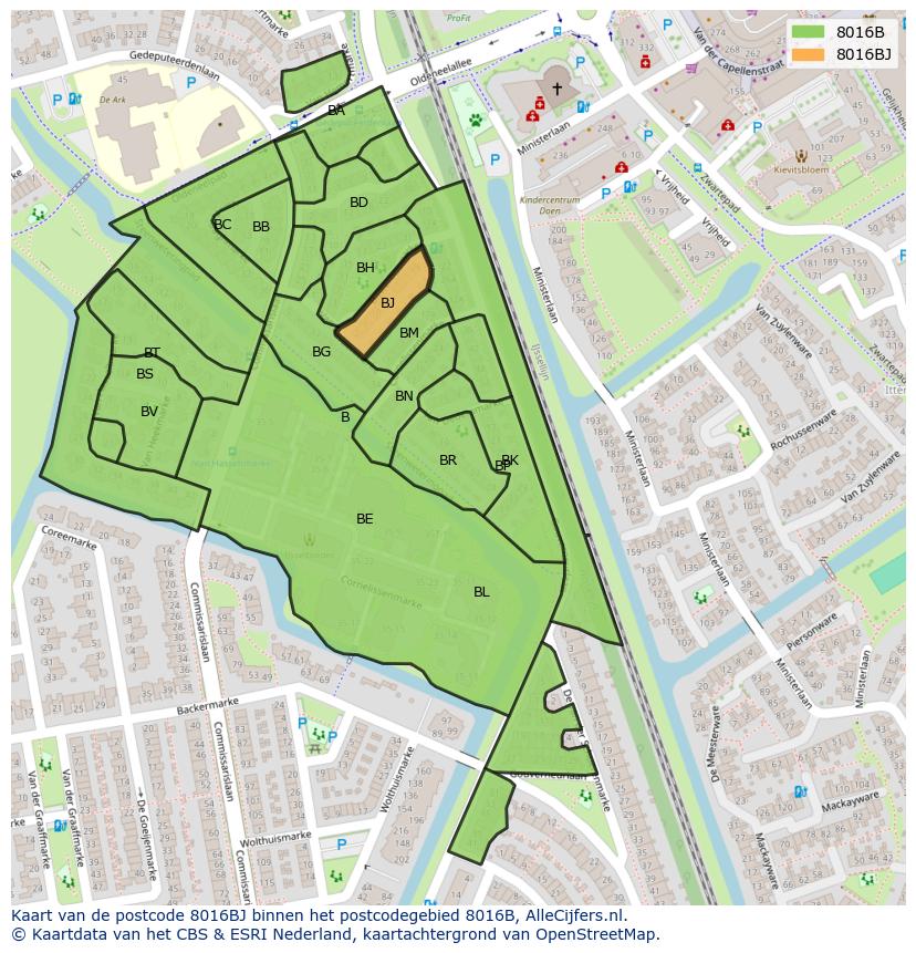 Afbeelding van het postcodegebied 8016 BJ op de kaart.