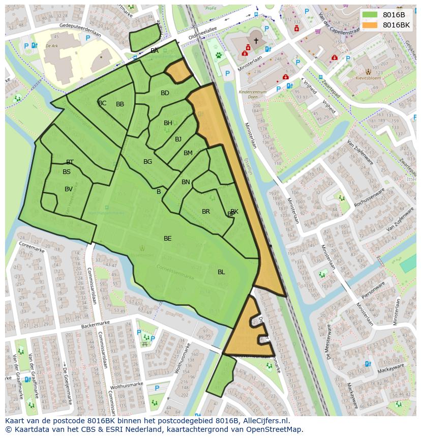 Afbeelding van het postcodegebied 8016 BK op de kaart.