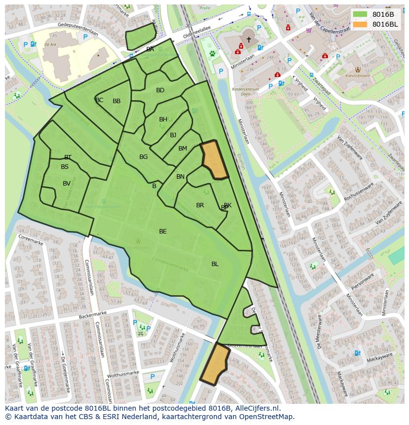 Afbeelding van het postcodegebied 8016 BL op de kaart.