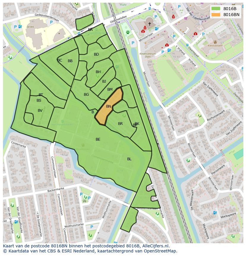 Afbeelding van het postcodegebied 8016 BN op de kaart.