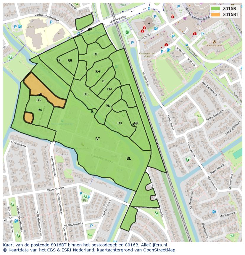Afbeelding van het postcodegebied 8016 BT op de kaart.
