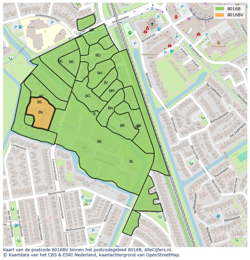 Afbeelding van het postcodegebied 8016 BV op de kaart.