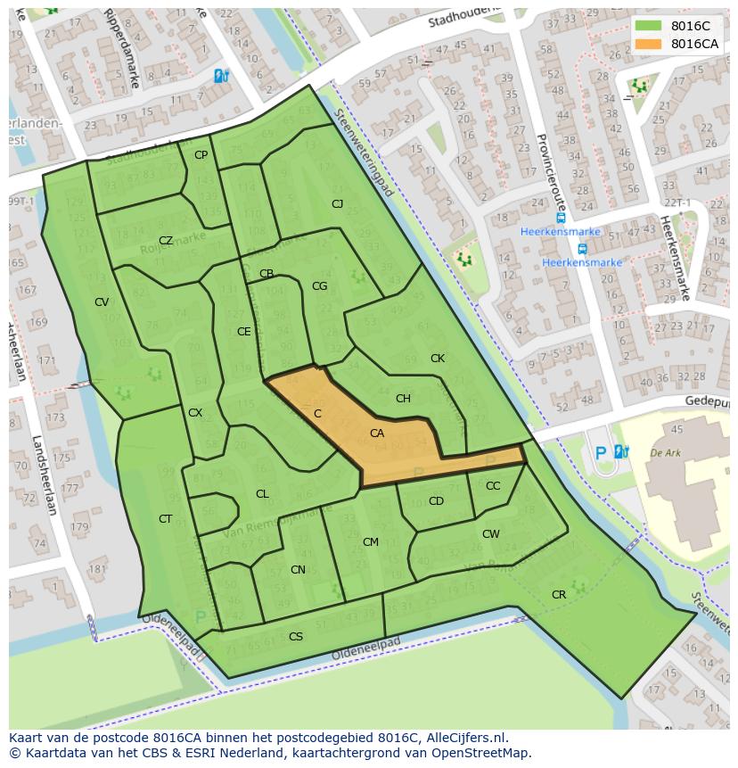 Afbeelding van het postcodegebied 8016 CA op de kaart.