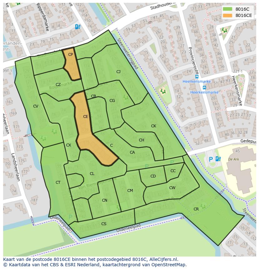 Afbeelding van het postcodegebied 8016 CE op de kaart.