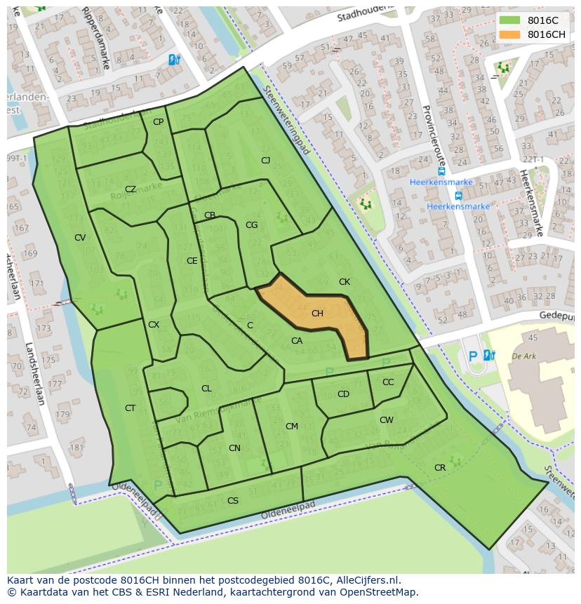 Afbeelding van het postcodegebied 8016 CH op de kaart.
