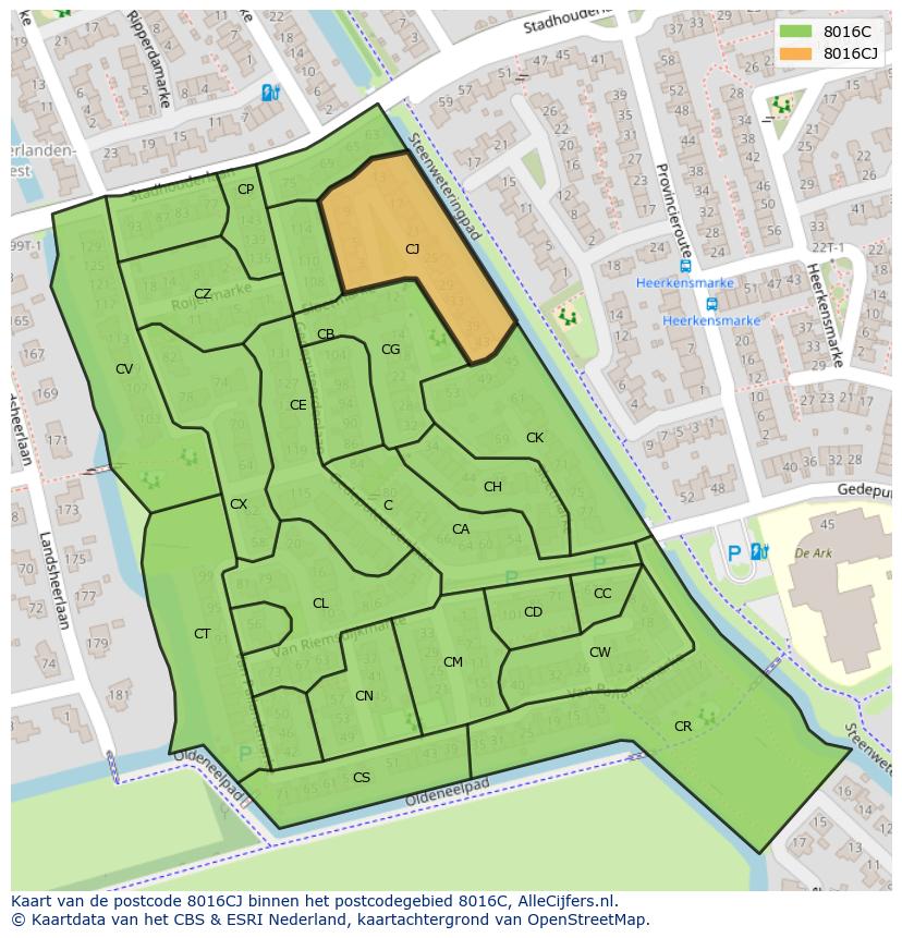 Afbeelding van het postcodegebied 8016 CJ op de kaart.
