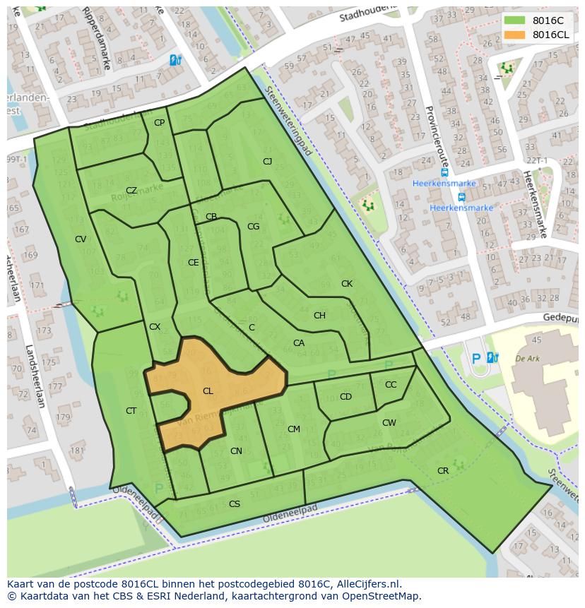 Afbeelding van het postcodegebied 8016 CL op de kaart.