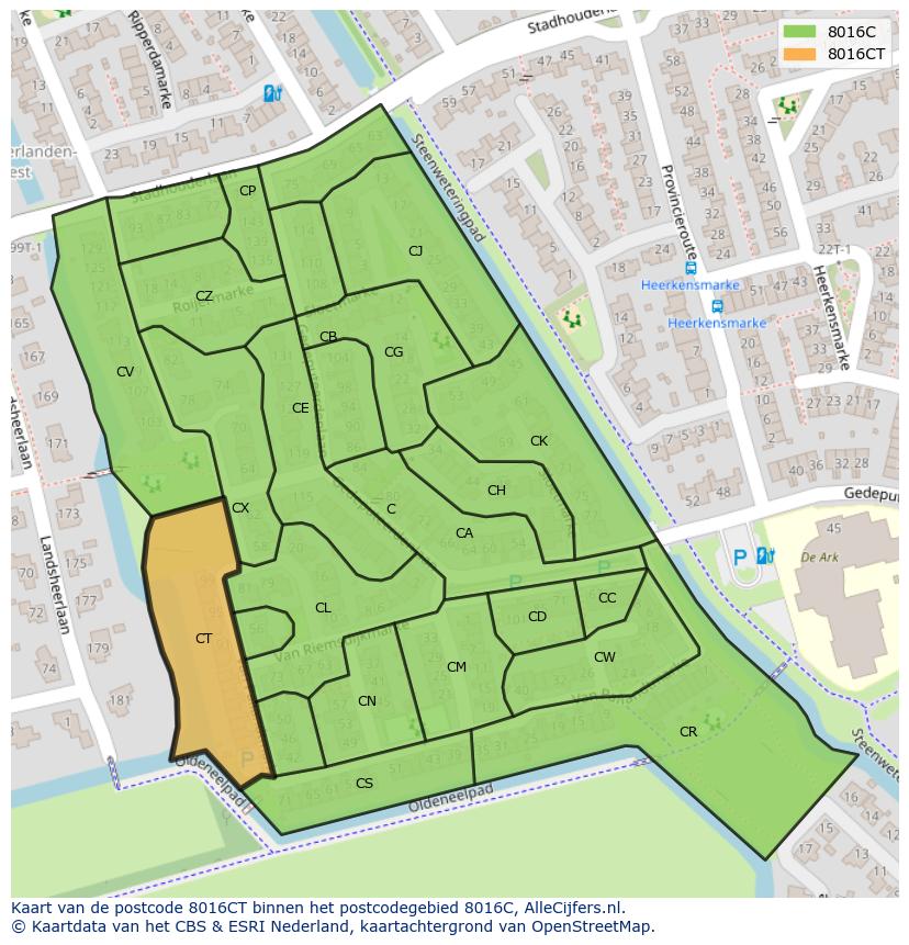 Afbeelding van het postcodegebied 8016 CT op de kaart.
