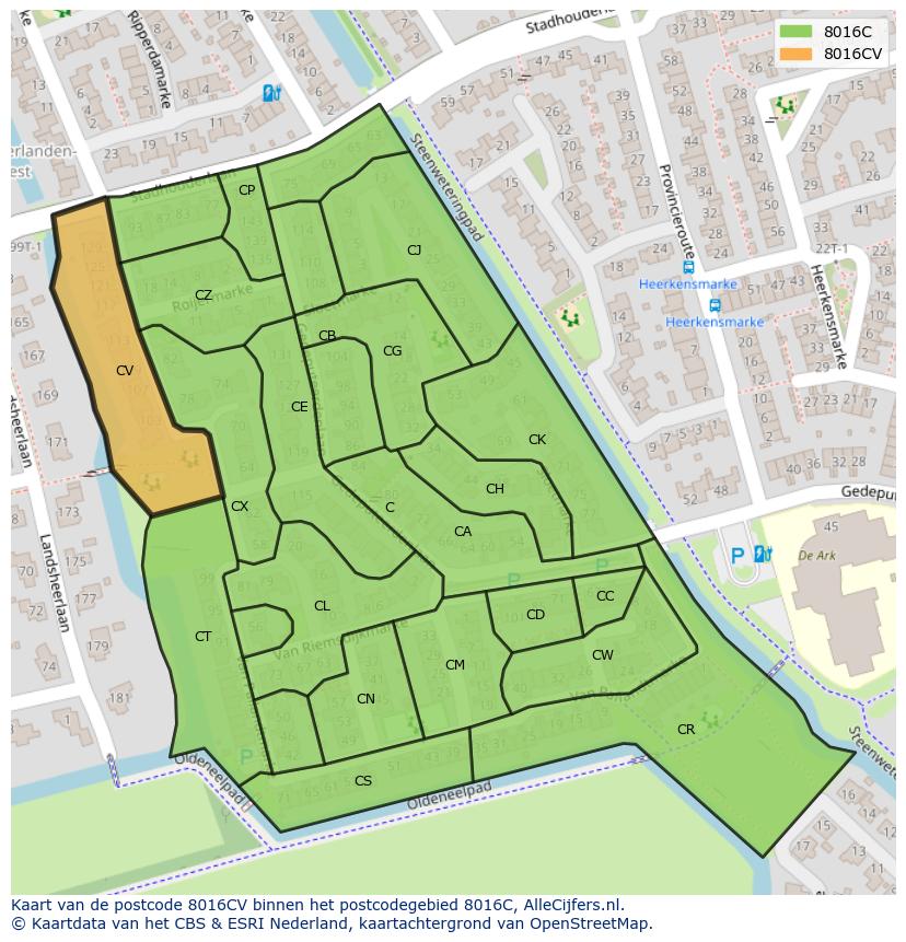Afbeelding van het postcodegebied 8016 CV op de kaart.
