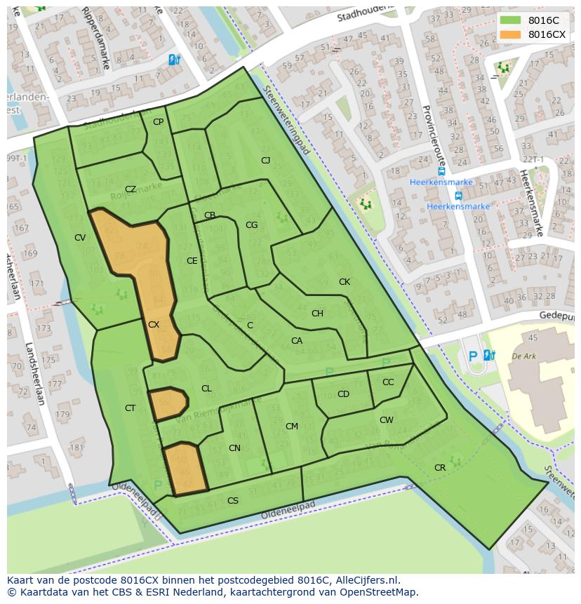 Afbeelding van het postcodegebied 8016 CX op de kaart.