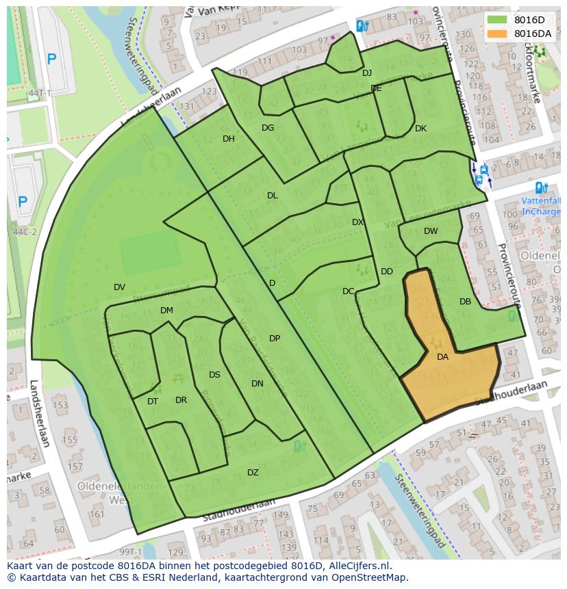Afbeelding van het postcodegebied 8016 DA op de kaart.