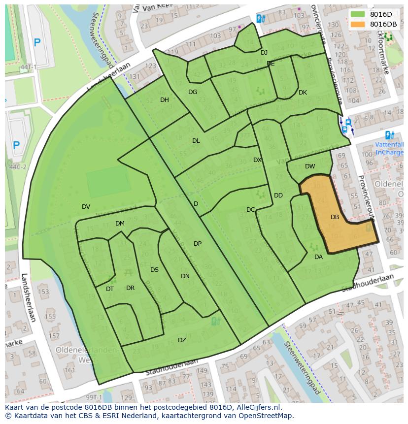Afbeelding van het postcodegebied 8016 DB op de kaart.