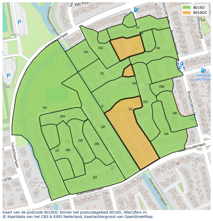 Afbeelding van het postcodegebied 8016 DC op de kaart.