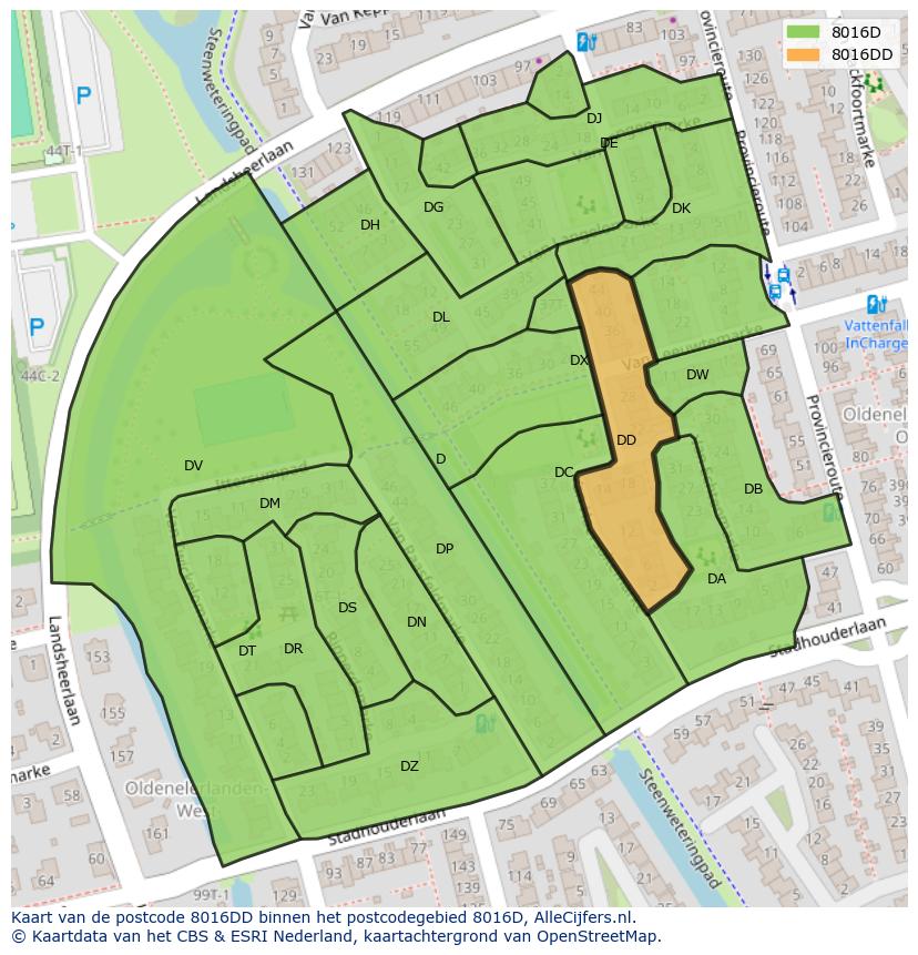 Afbeelding van het postcodegebied 8016 DD op de kaart.