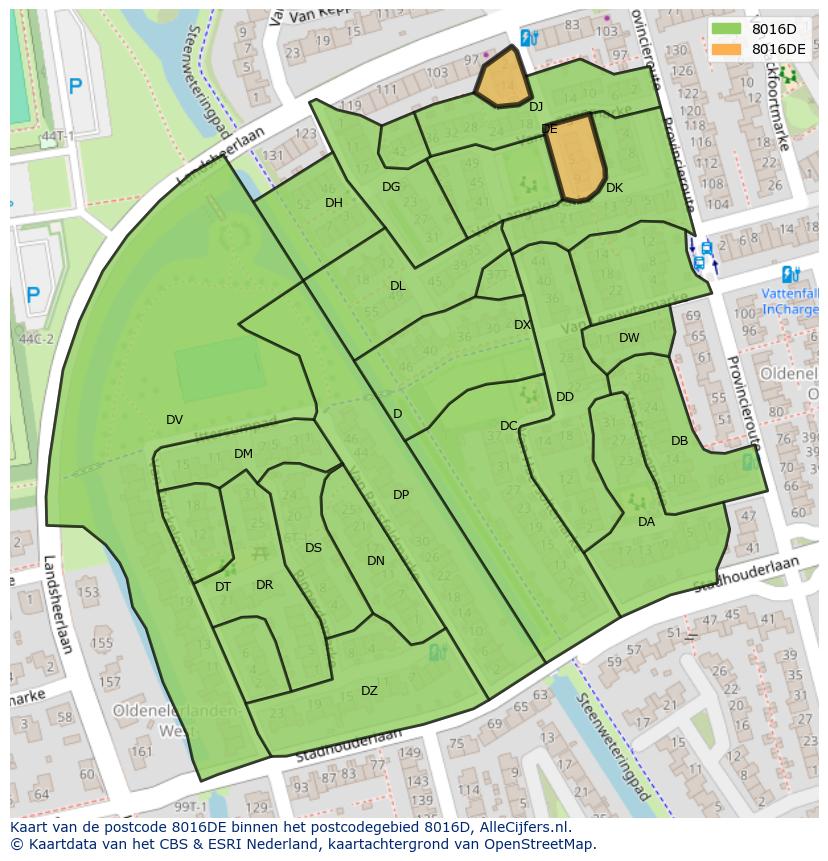 Afbeelding van het postcodegebied 8016 DE op de kaart.