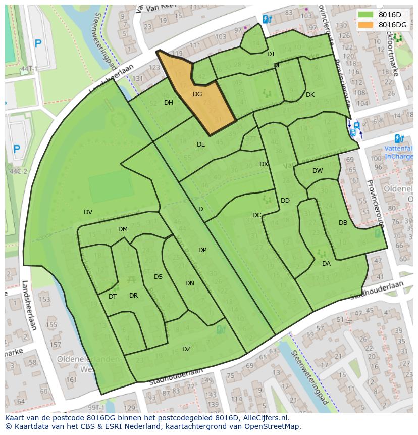 Afbeelding van het postcodegebied 8016 DG op de kaart.