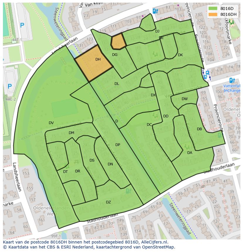 Afbeelding van het postcodegebied 8016 DH op de kaart.