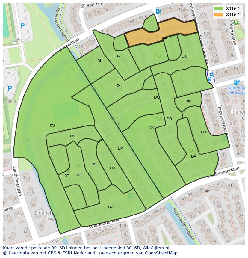 Afbeelding van het postcodegebied 8016 DJ op de kaart.