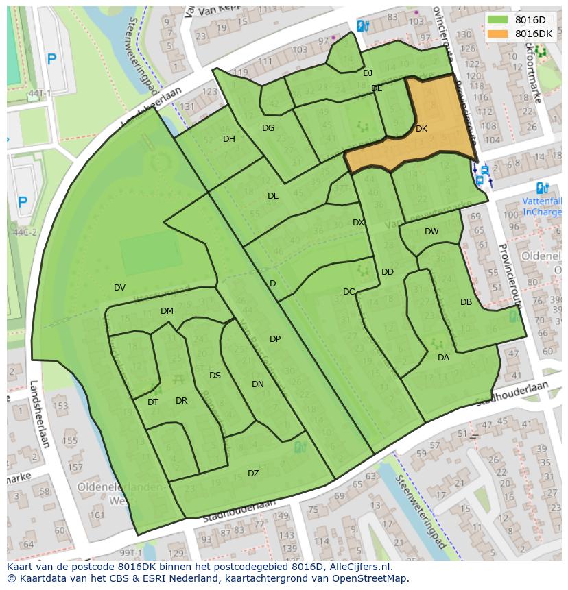 Afbeelding van het postcodegebied 8016 DK op de kaart.