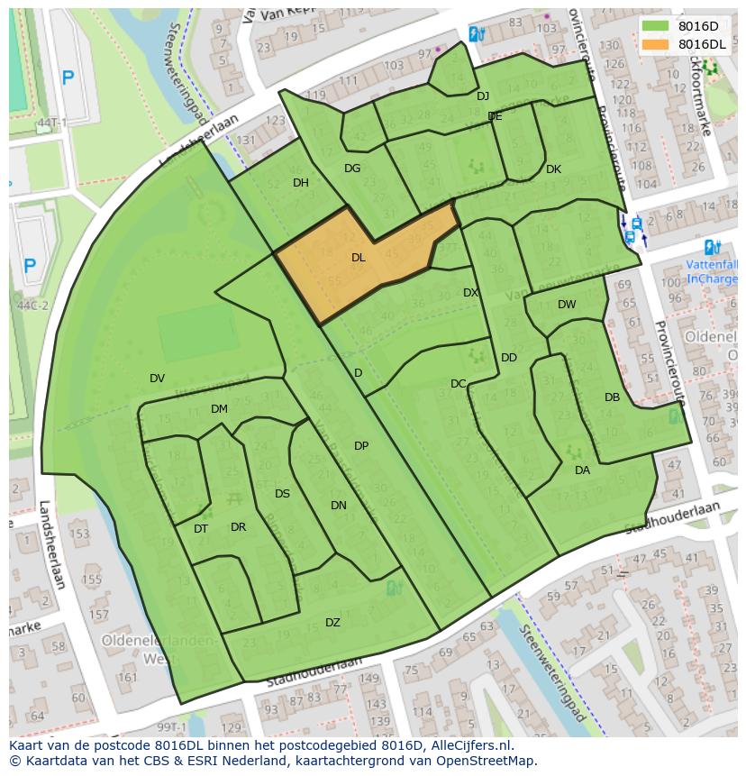 Afbeelding van het postcodegebied 8016 DL op de kaart.