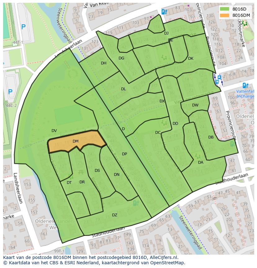 Afbeelding van het postcodegebied 8016 DM op de kaart.