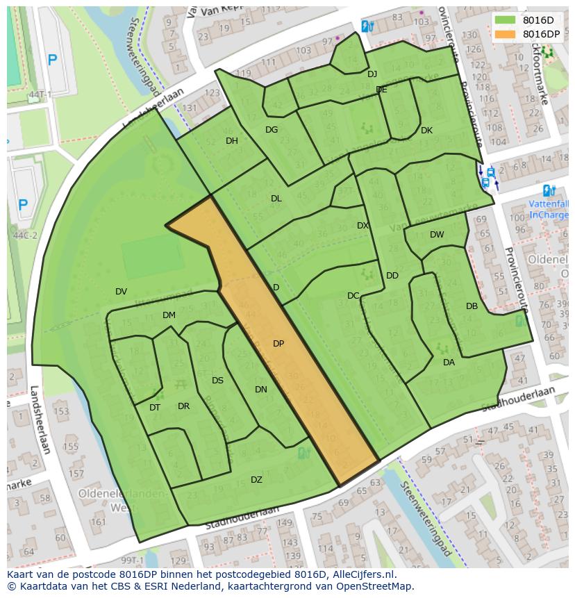 Afbeelding van het postcodegebied 8016 DP op de kaart.