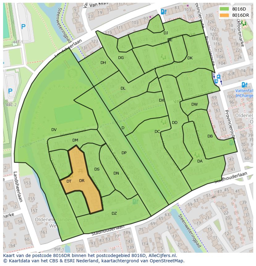 Afbeelding van het postcodegebied 8016 DR op de kaart.