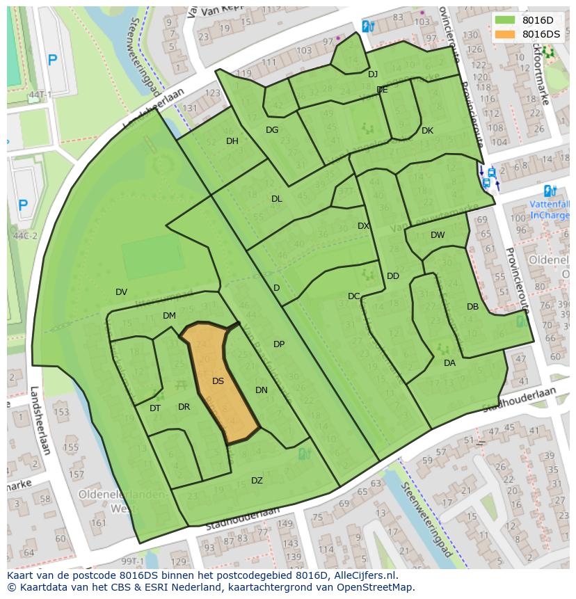 Afbeelding van het postcodegebied 8016 DS op de kaart.