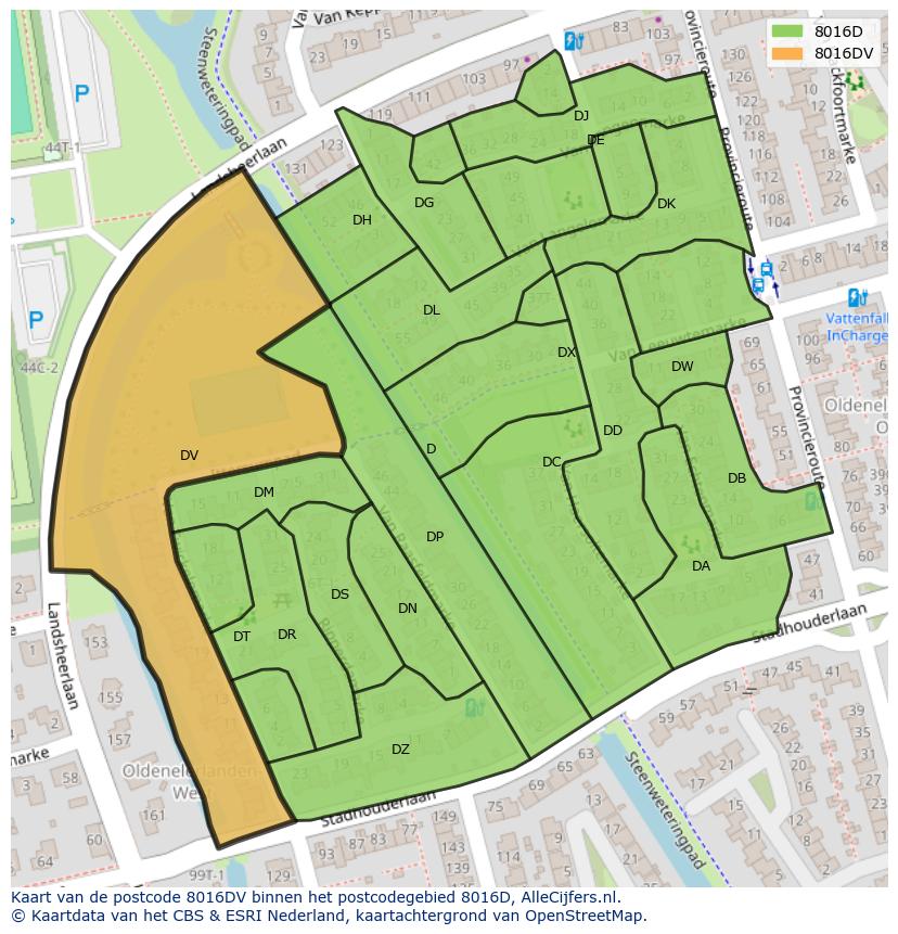 Afbeelding van het postcodegebied 8016 DV op de kaart.