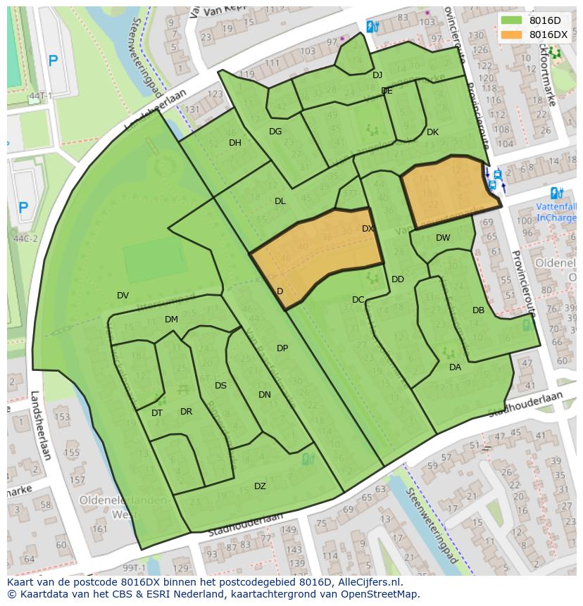 Afbeelding van het postcodegebied 8016 DX op de kaart.