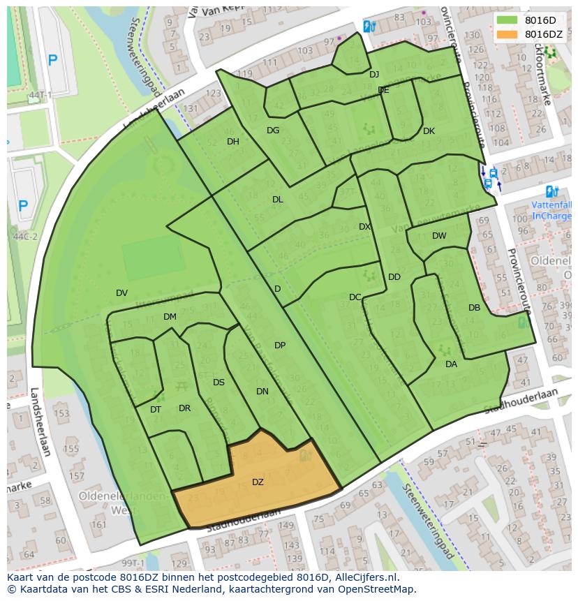 Afbeelding van het postcodegebied 8016 DZ op de kaart.