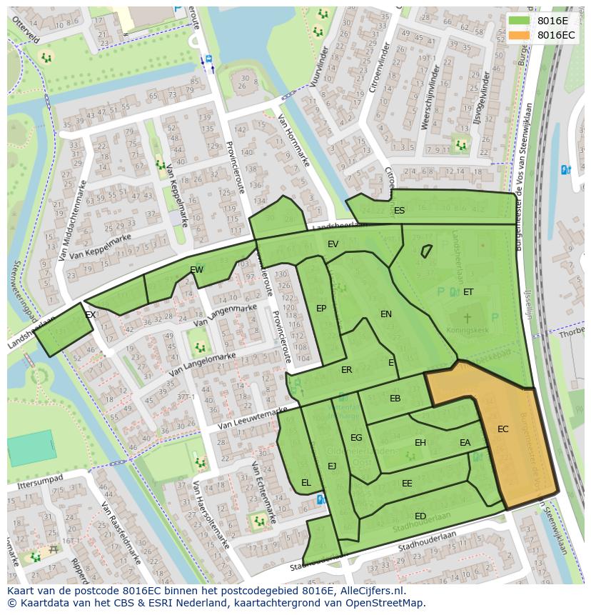 Afbeelding van het postcodegebied 8016 EC op de kaart.