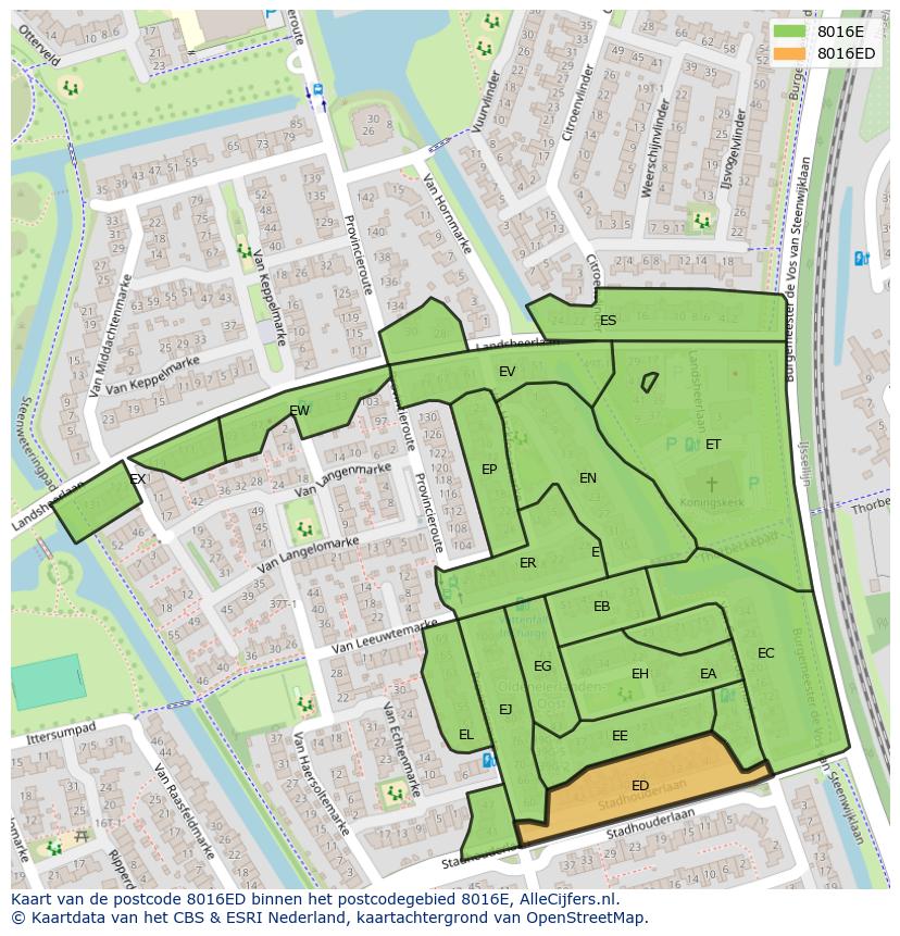 Afbeelding van het postcodegebied 8016 ED op de kaart.