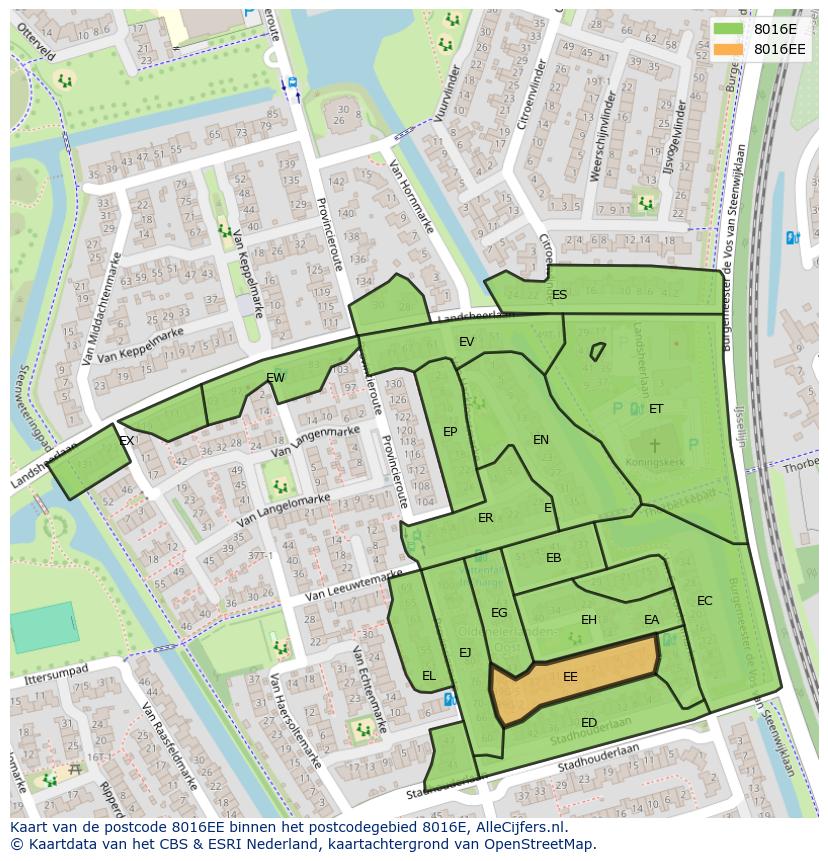 Afbeelding van het postcodegebied 8016 EE op de kaart.