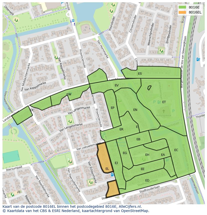 Afbeelding van het postcodegebied 8016 EL op de kaart.