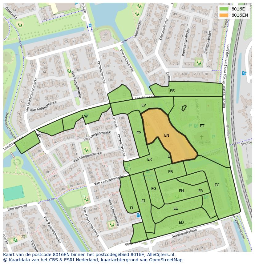 Afbeelding van het postcodegebied 8016 EN op de kaart.