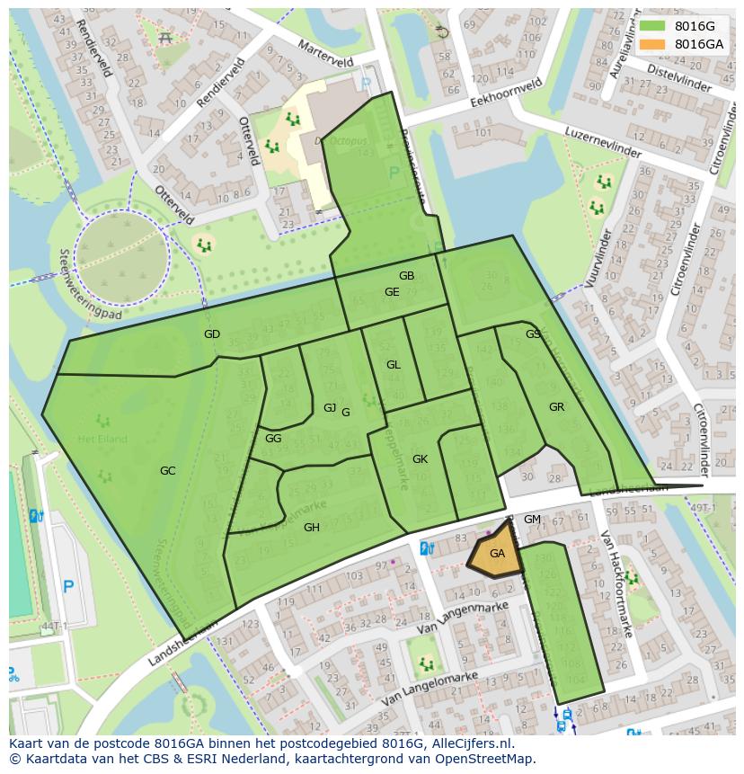 Afbeelding van het postcodegebied 8016 GA op de kaart.