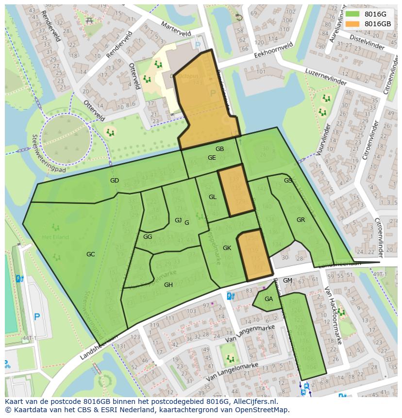 Afbeelding van het postcodegebied 8016 GB op de kaart.