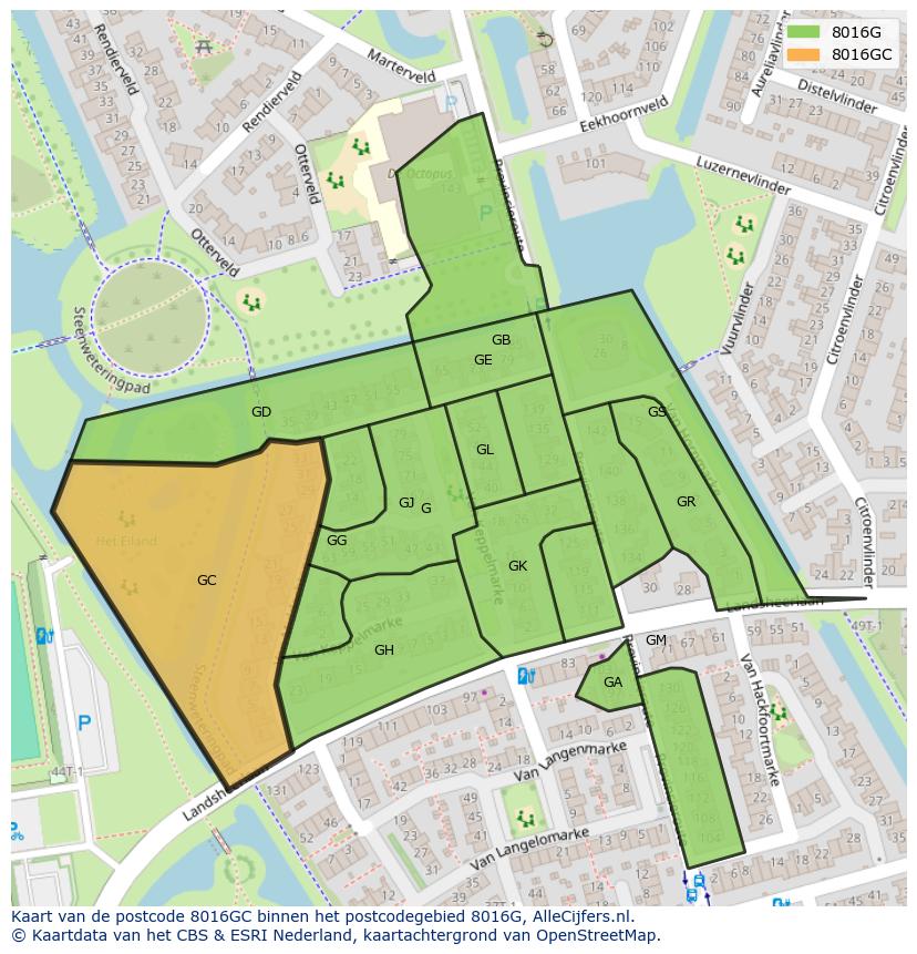 Afbeelding van het postcodegebied 8016 GC op de kaart.
