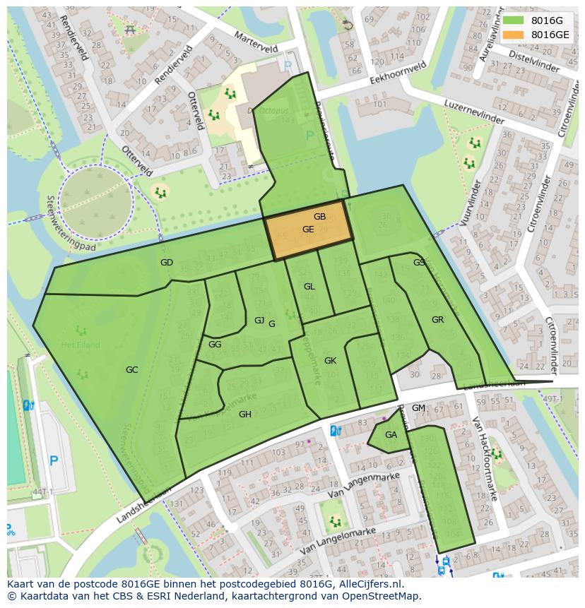 Afbeelding van het postcodegebied 8016 GE op de kaart.