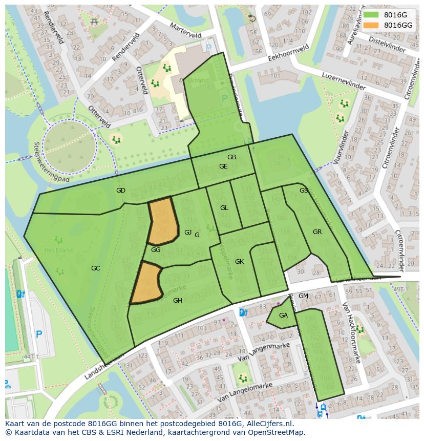 Afbeelding van het postcodegebied 8016 GG op de kaart.