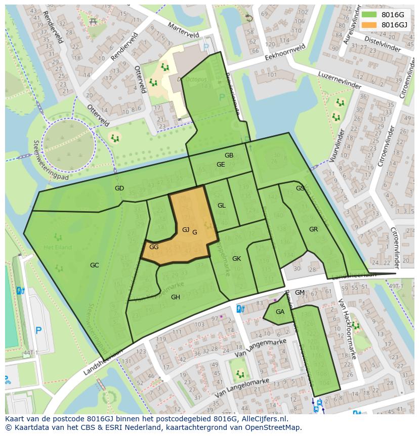 Afbeelding van het postcodegebied 8016 GJ op de kaart.