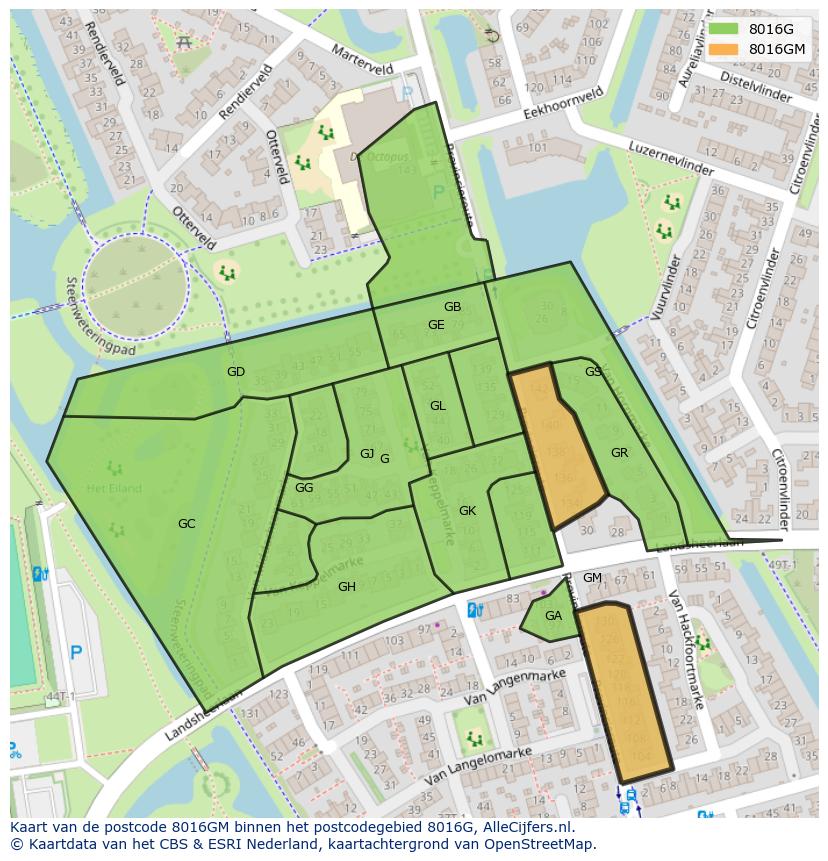 Afbeelding van het postcodegebied 8016 GM op de kaart.