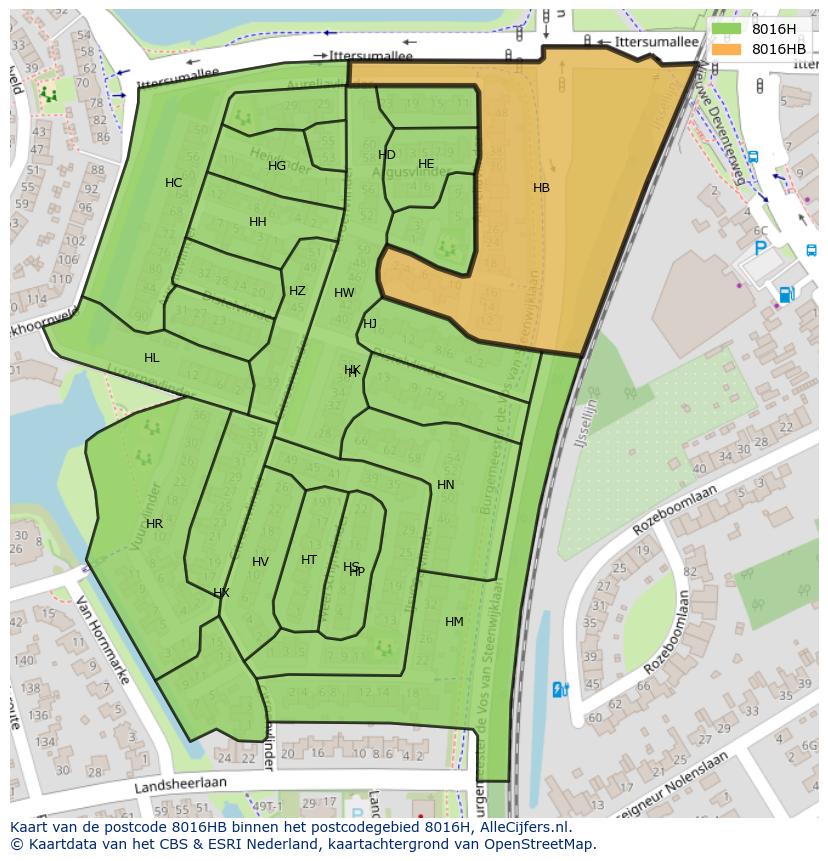 Afbeelding van het postcodegebied 8016 HB op de kaart.
