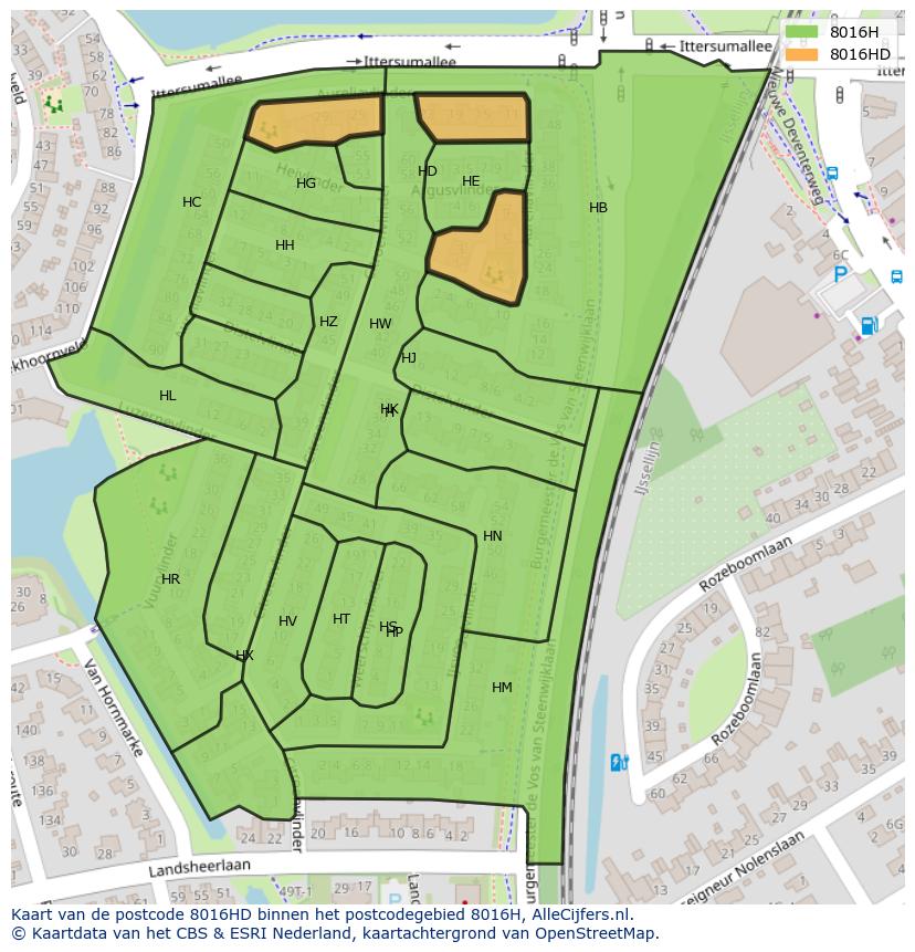 Afbeelding van het postcodegebied 8016 HD op de kaart.