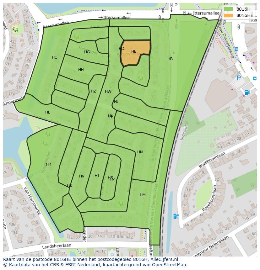 Afbeelding van het postcodegebied 8016 HE op de kaart.